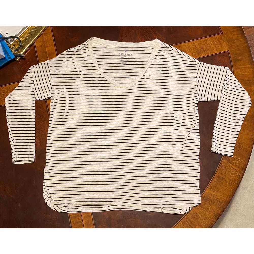 American Eagle Shirt Soft & Sexy V Neck White & Black Striped Long Sleeve